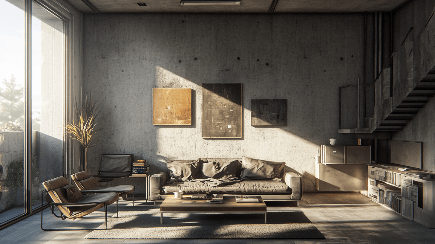 Wohnzimmer im Industrial-Look mit Betonwänden und modernen Möbeln