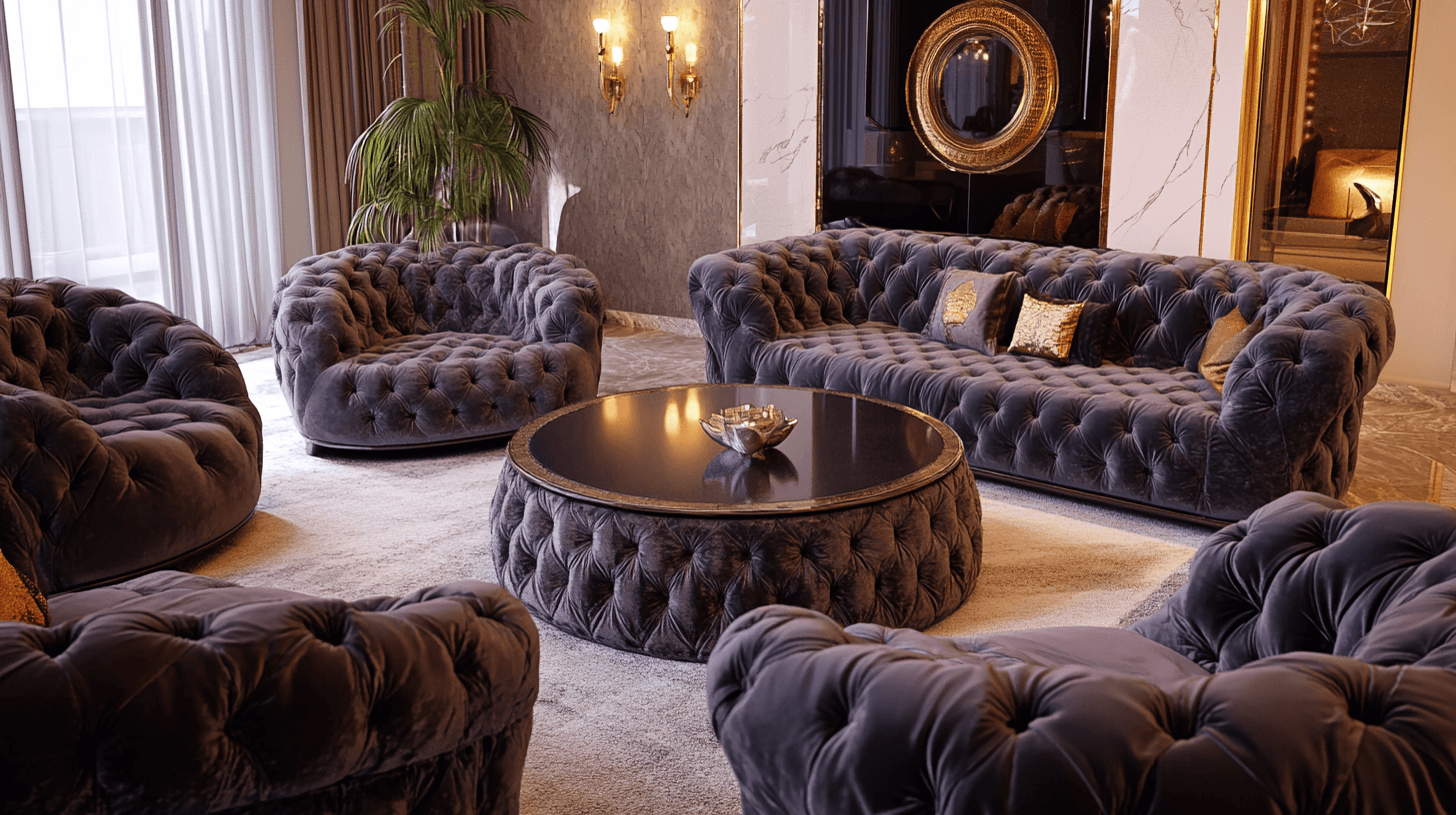 Eleganter Wohnraum mit Samtmöbeln und Dekoration