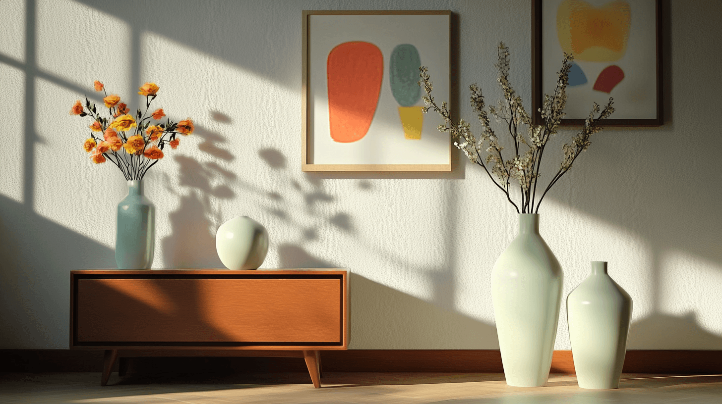 Dekorationstips för ett vardagsrum i mid-century-stil