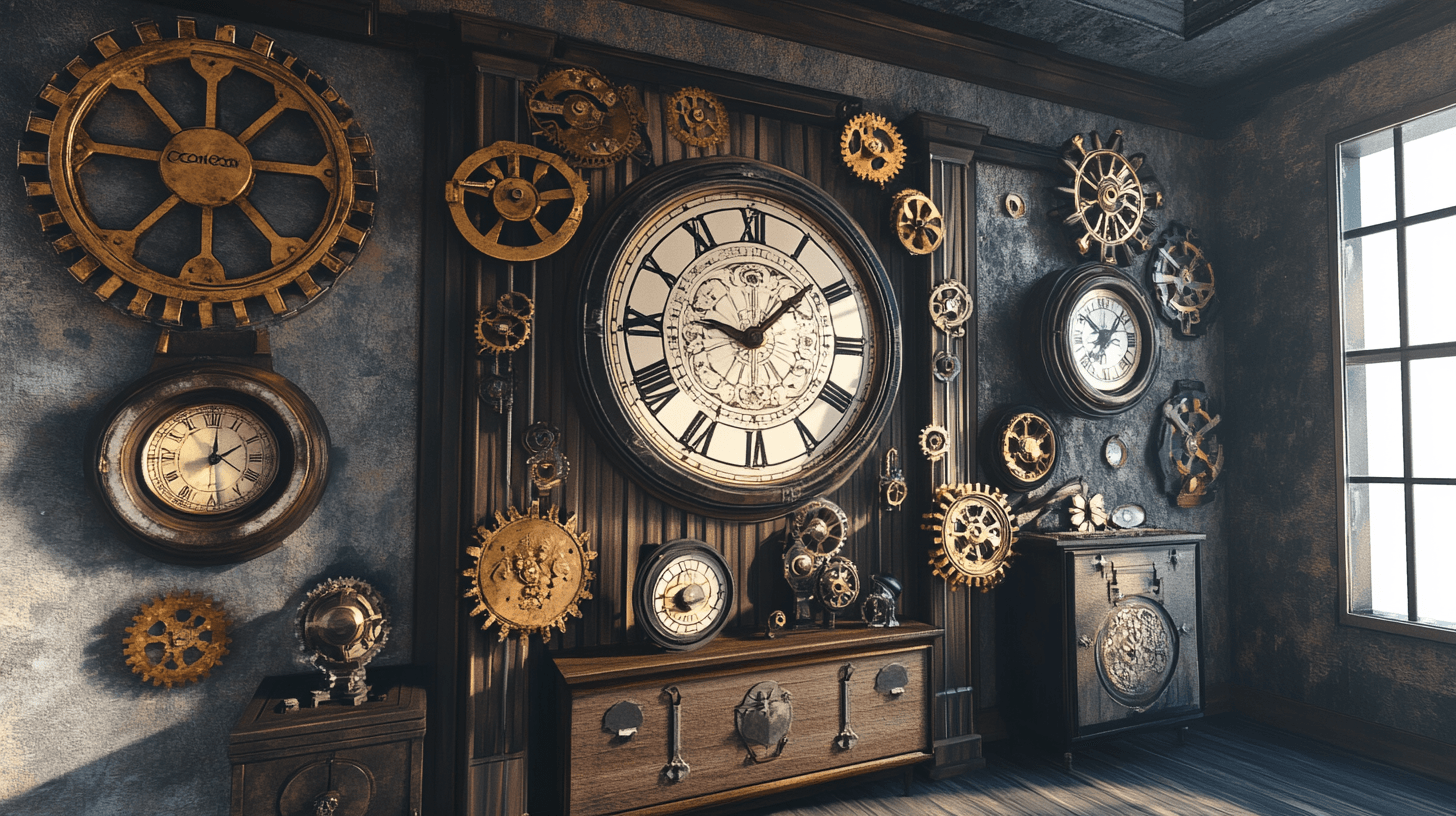 Dekoration i steampunk-stil: kugghjul, klockor och mer
