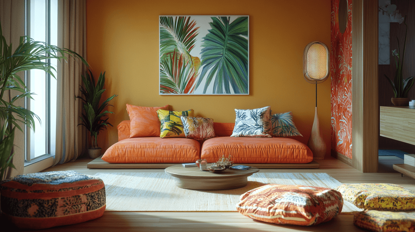 Färgpaletter och textilier i Tropical Modern stil