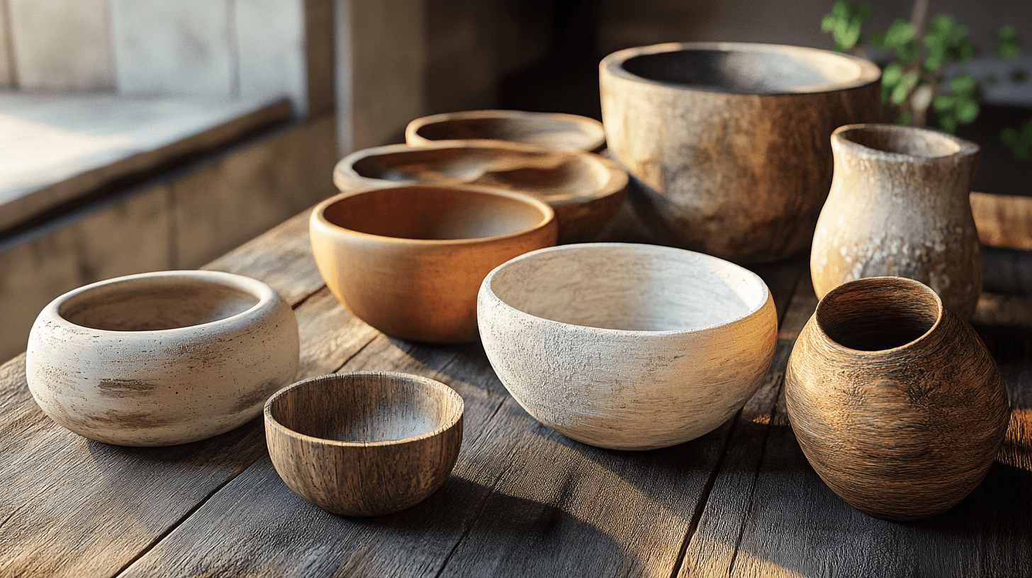 Skålar och vaser av naturmaterial: trä, sten och keramik