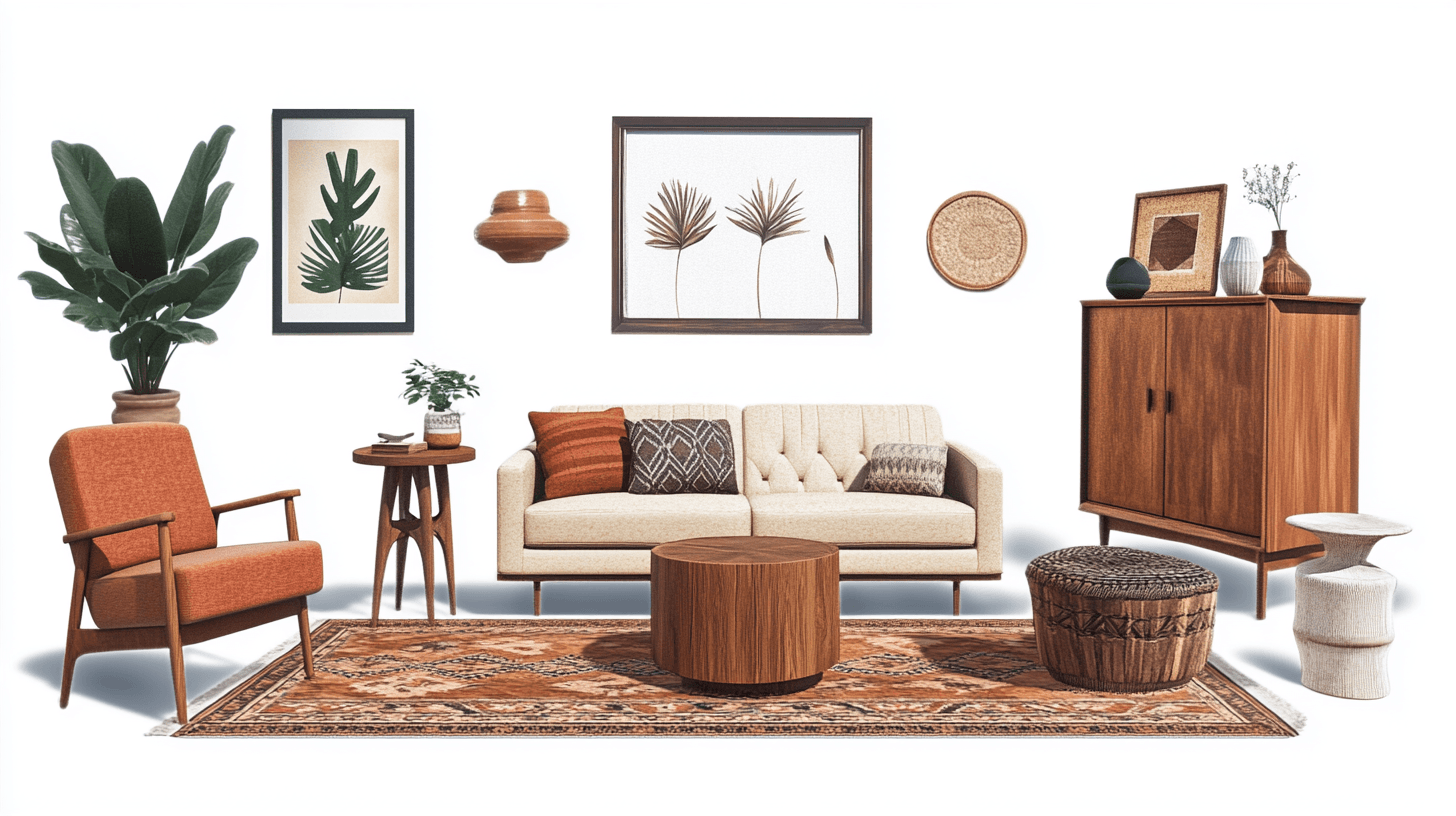 Möbler i boho-mid-century stil