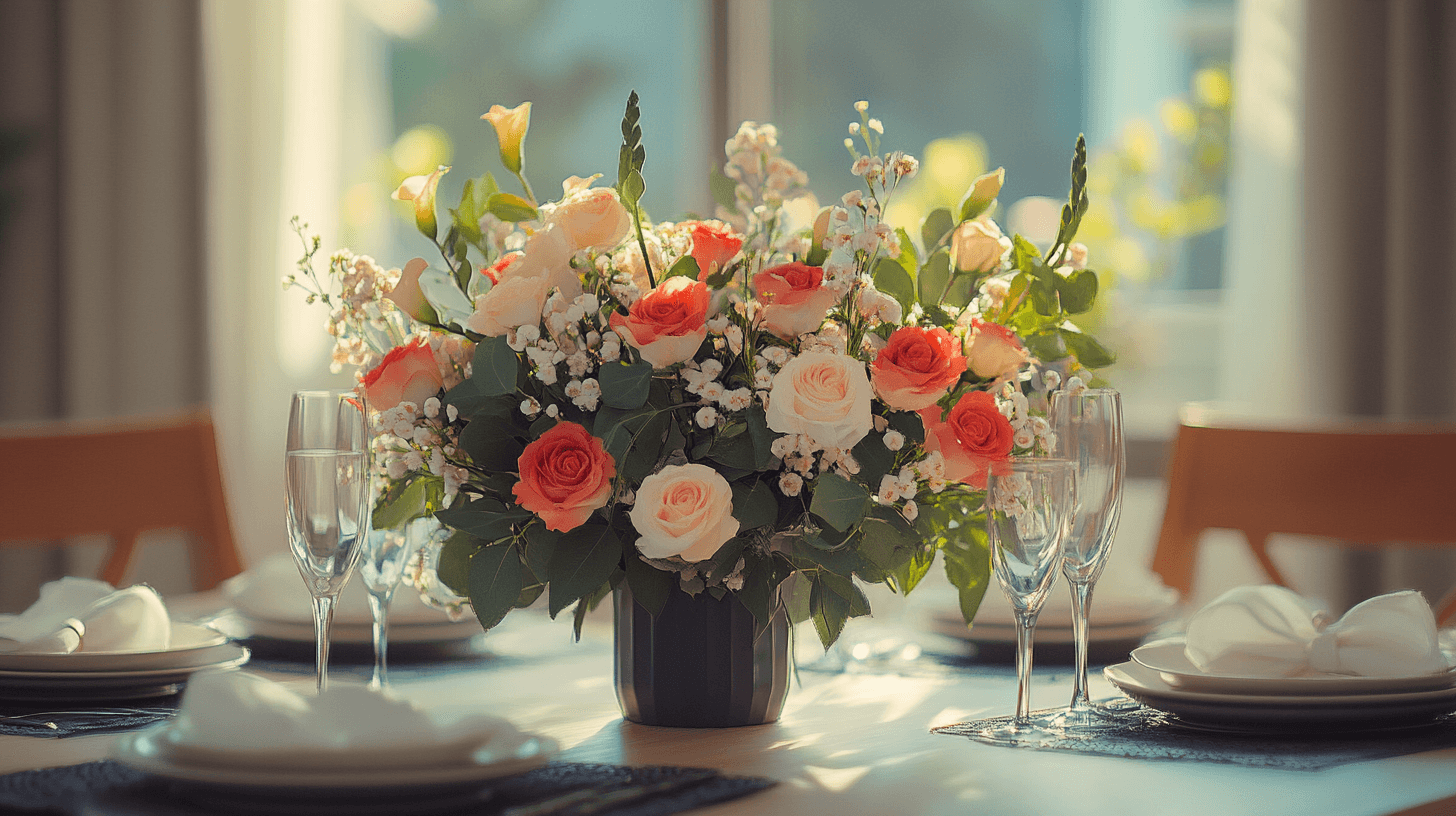 Kreativ arrangemang av blommor på bordet